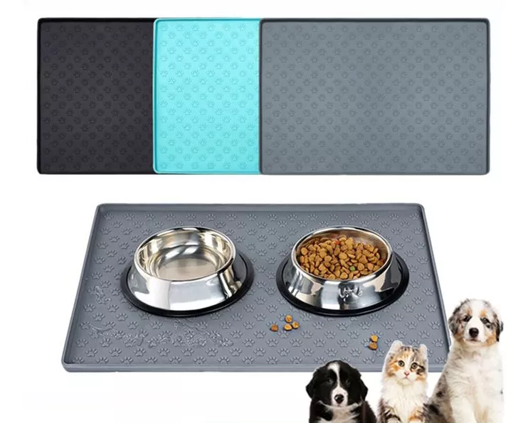 2 COMEDERO ALIMENTADOR ACERO PERROS GATOS+ ALFOMBRA SILICONA GRIS - 1