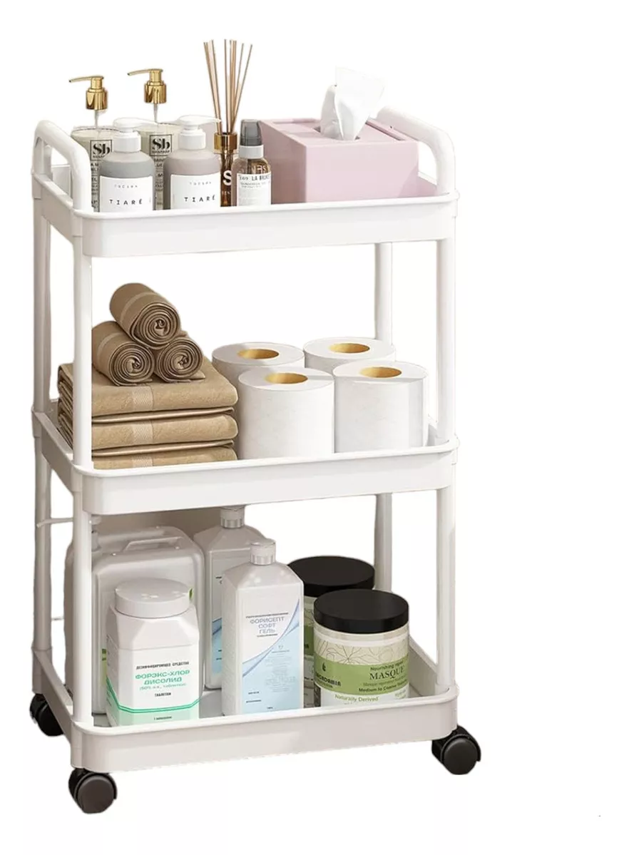 CARRITO DE ALMACENAMIENTO DE 3 NIVELES CON ASA, COCINA, BAÑO COLOR BLANCO - 1