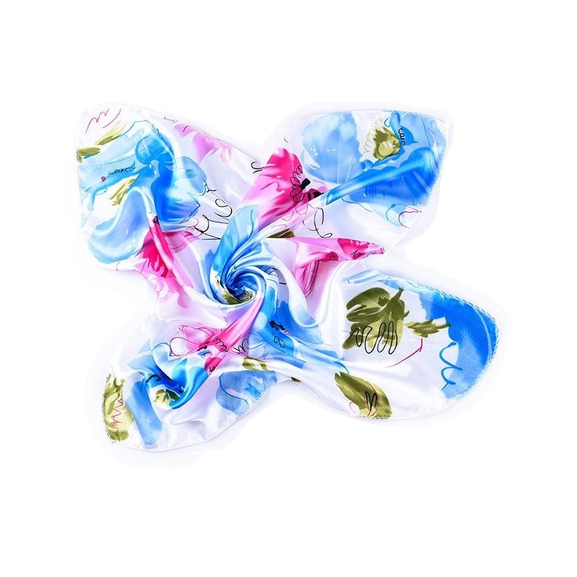 PAÑUELO SATINADO MUJER DISEÑO FLORES CELESTES 50 X 50 CMS - 1