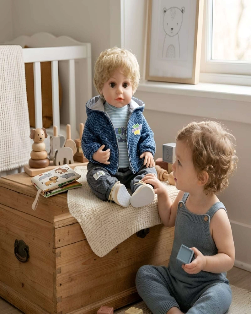 MUÑECO REBORN REALISTA PARA NIÑOS CON CONJUNTO AZUL MELANGE Y CAPUCHA - 4