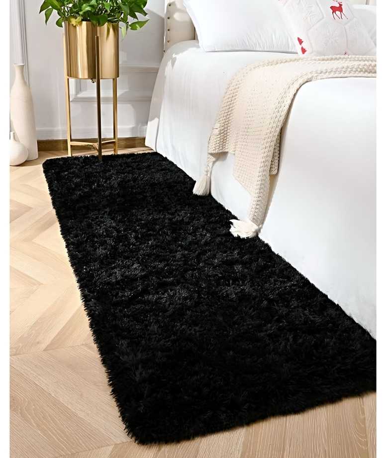 JUEGO POR 2 ALFOMBRA PASILLERA PELUDA LIVIANA 70X150 ULTRA SUAVE NEGRO - 3