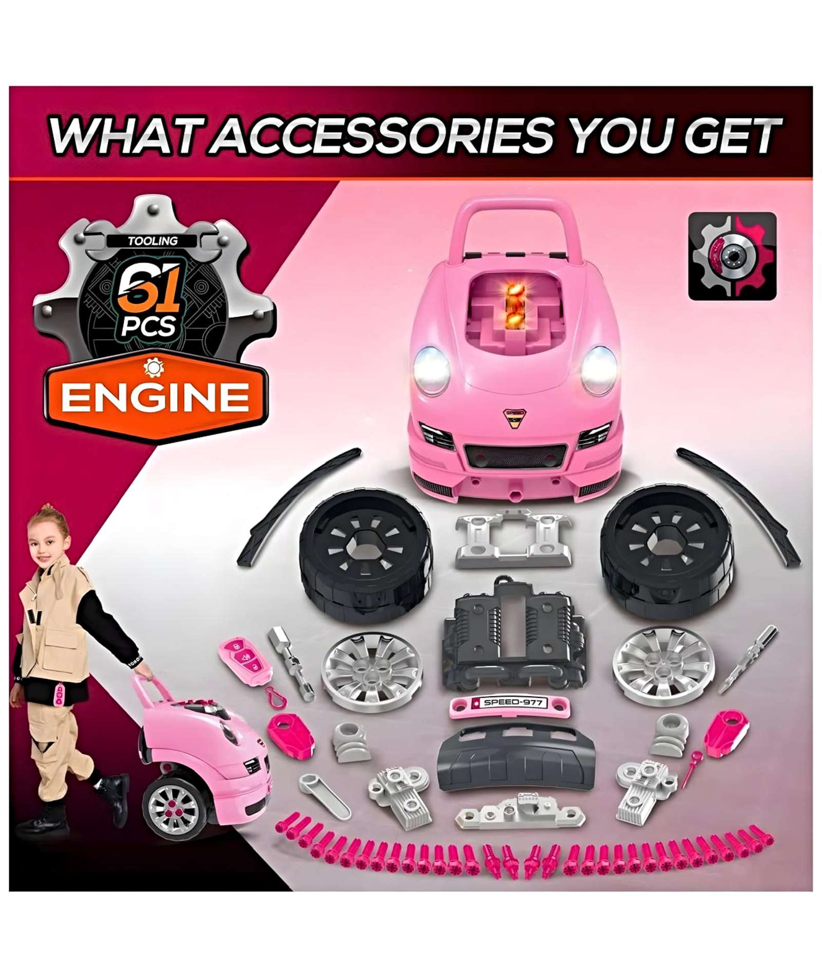 JUGUETE AUTO PARA REPARAR CON LUCES SONIDOS Y ACCESORIOS ROSA - 5