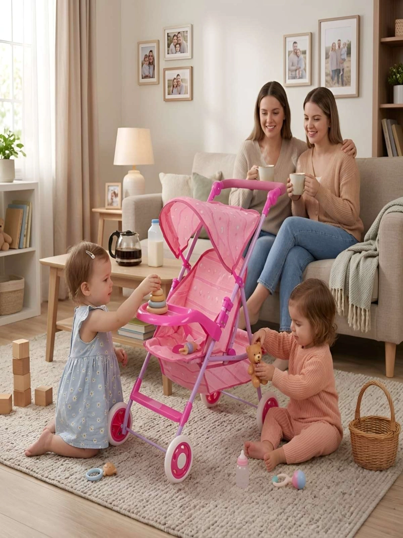 COCHE DE JUGUETE PARA MUÑECAS CON TOLDO PLEGABLE Y BANDEJA ROSADO DISEÑO LINEAL - 2