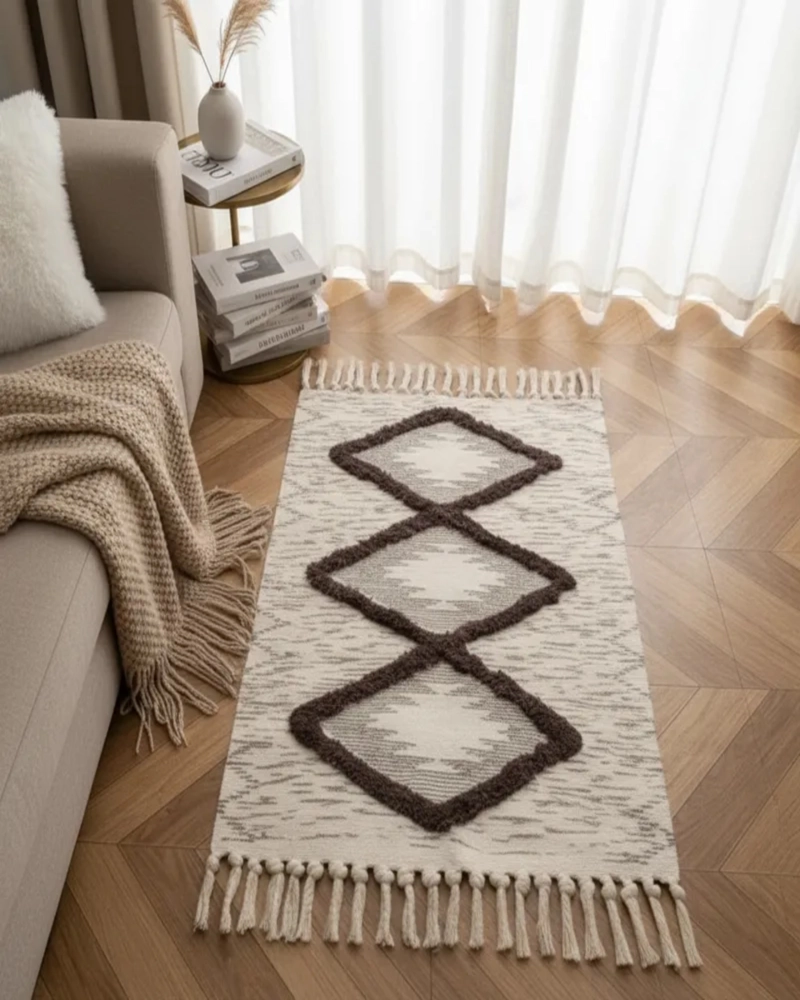 ALFOMBRA DE LINO BAJADA DE CAMA ESTILO BOHO MEDIDA 60 CM X 90 CM - 1