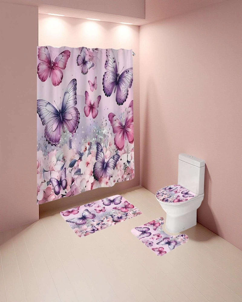 JUEGO 5 PIEZAS CON CORTINA DE BAÑO DE TELA POLIE STER Y  FORRO DE DUCHA DE PLASTICO - 1
