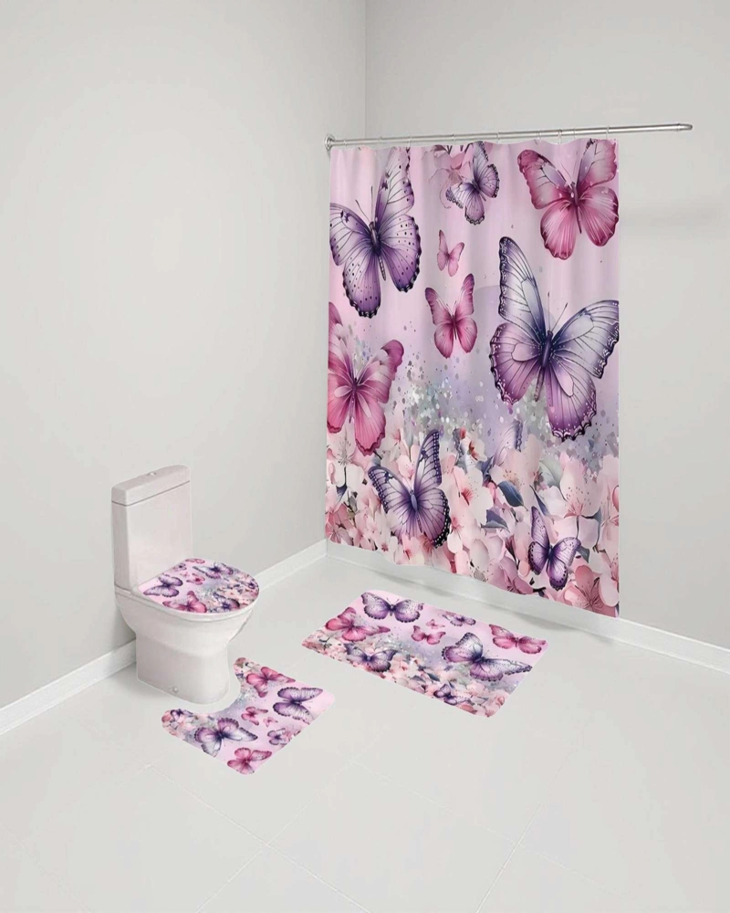 JUEGO 5 PIEZAS CON CORTINA DE BAÑO DE TELA POLIE STER Y  FORRO DE DUCHA DE PLASTICO - 3