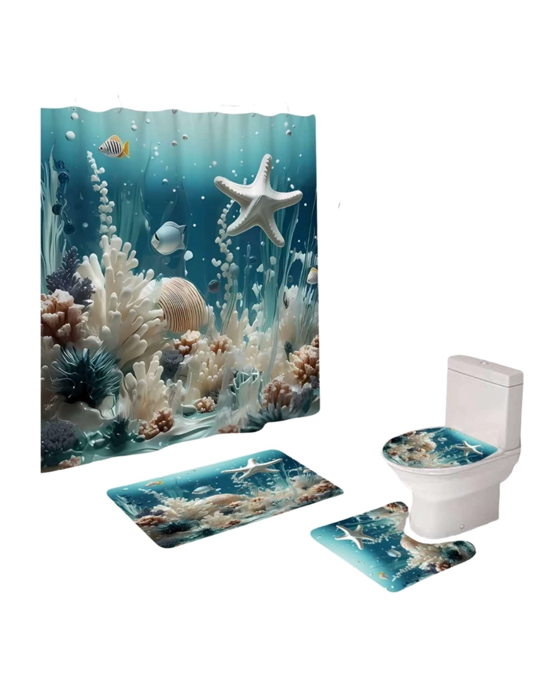 JUEGO 5 PIEZAS CON CORTINA DE BAÑO DE TELA POLIE STER Y  FORRO DE DUCHA DE PLASTICO - 2