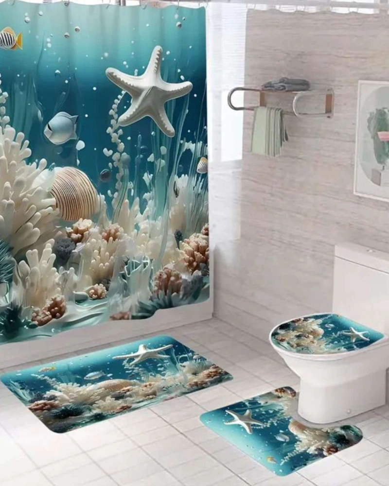 JUEGO 5 PIEZAS CON CORTINA DE BAÑO DE TELA POLIE STER Y  FORRO DE DUCHA DE PLASTICO - 3