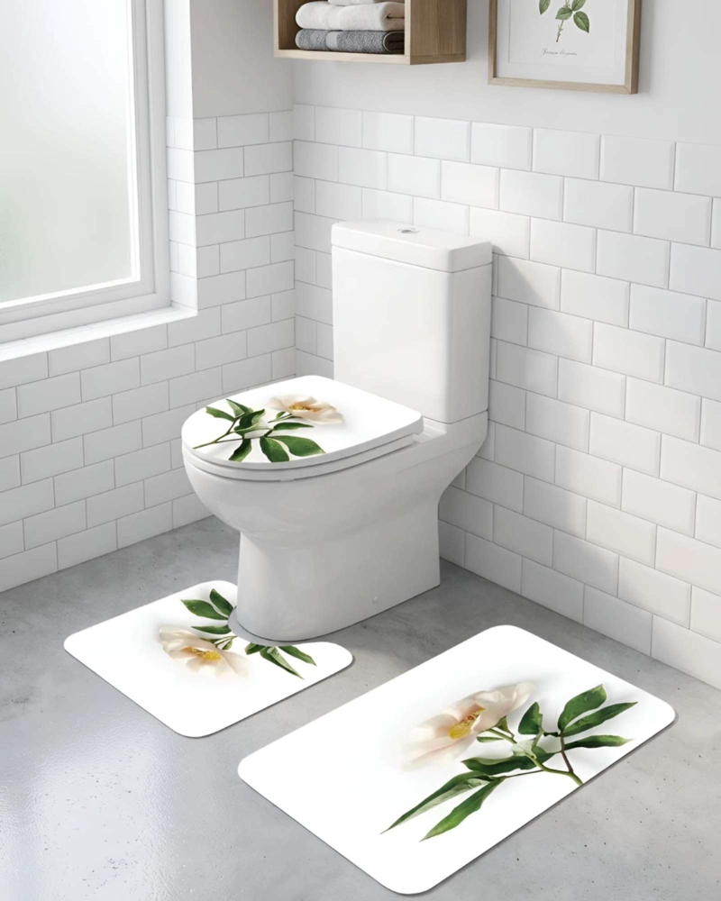 JUEGO 5 PIEZAS CON CORTINA DE BAÑO DE TELA POLIE STER Y  FORRO DE DUCHA DE PLASTICO - 5