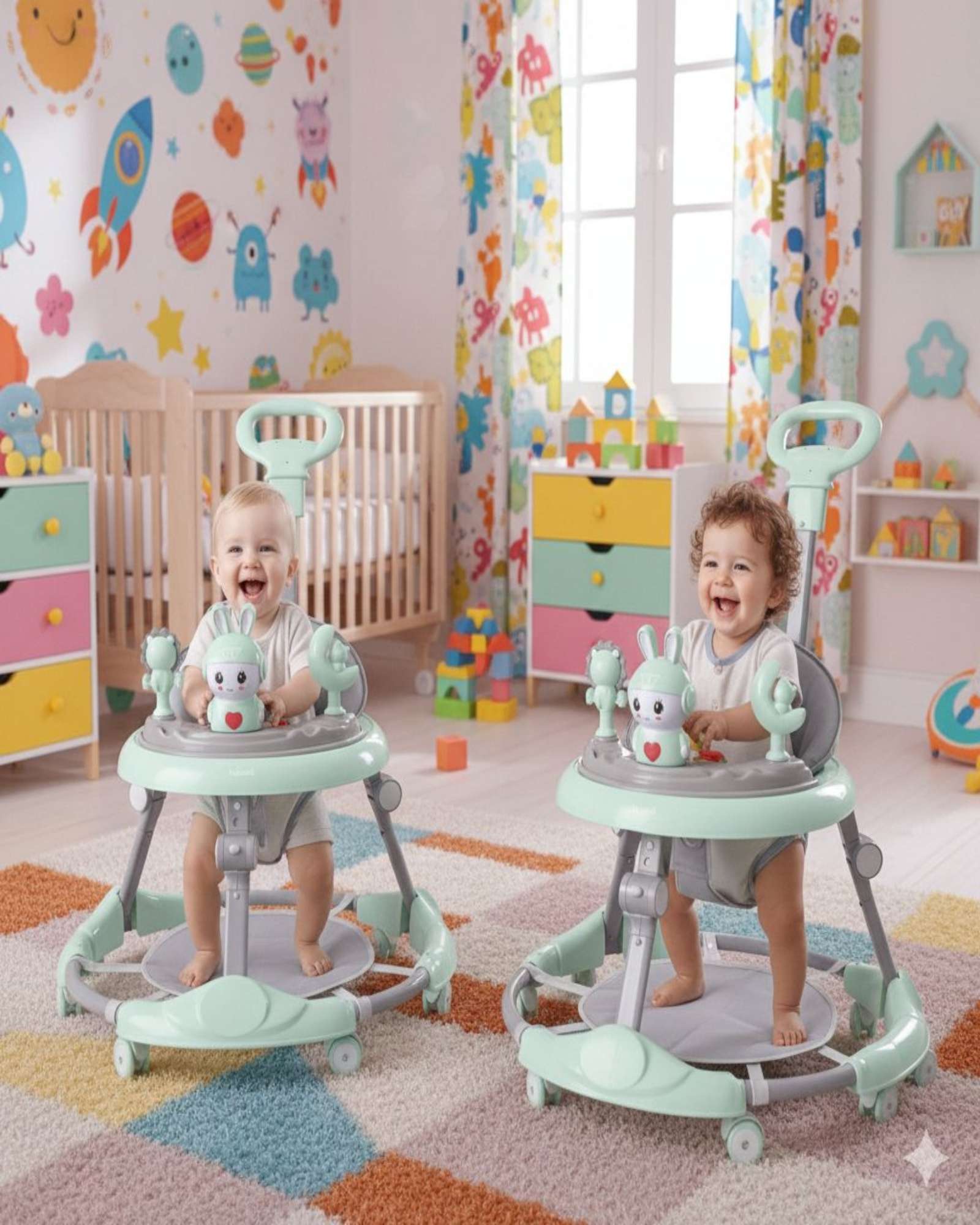 PACK 2 ANDADOR DE BEBE GEMELOS CON JUEGOS INTERACTIVOS VERDE MENTA - 1