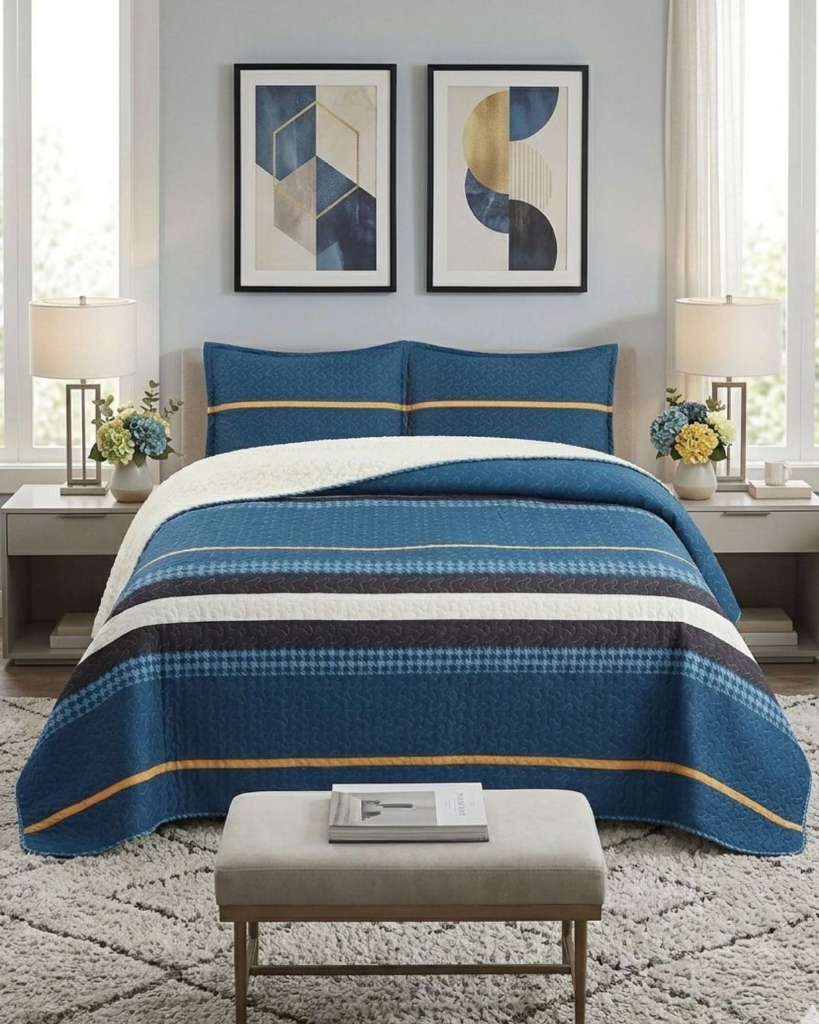CUBRECAMA QUILT CON SHERPA 2 PLAZAS DISEÑO ELEGANTE 230X250CM - 3