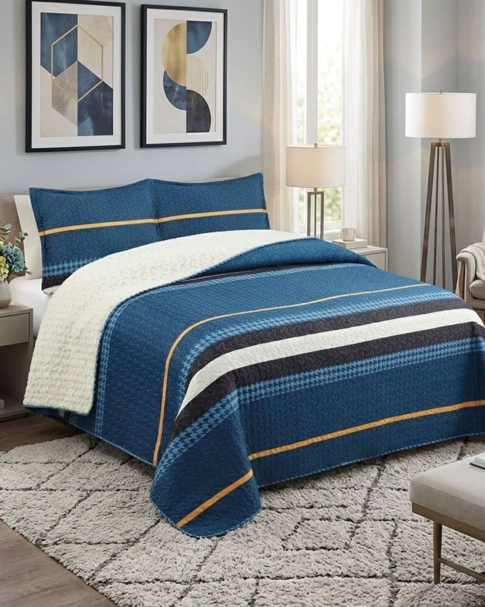 CUBRECAMA QUILT CON SHERPA 2 PLAZAS DISEÑO ELEGANTE 230X250CM - 4