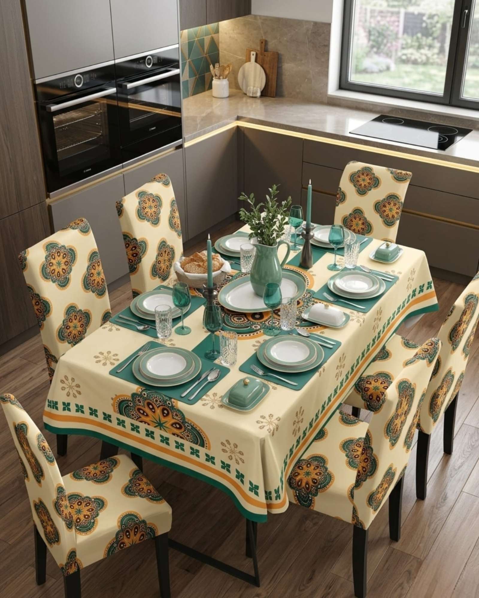 JUEGO DE MANTEL ANTIMANCHAS 140X220 + 6 FUNDAS DE SILLA - 3