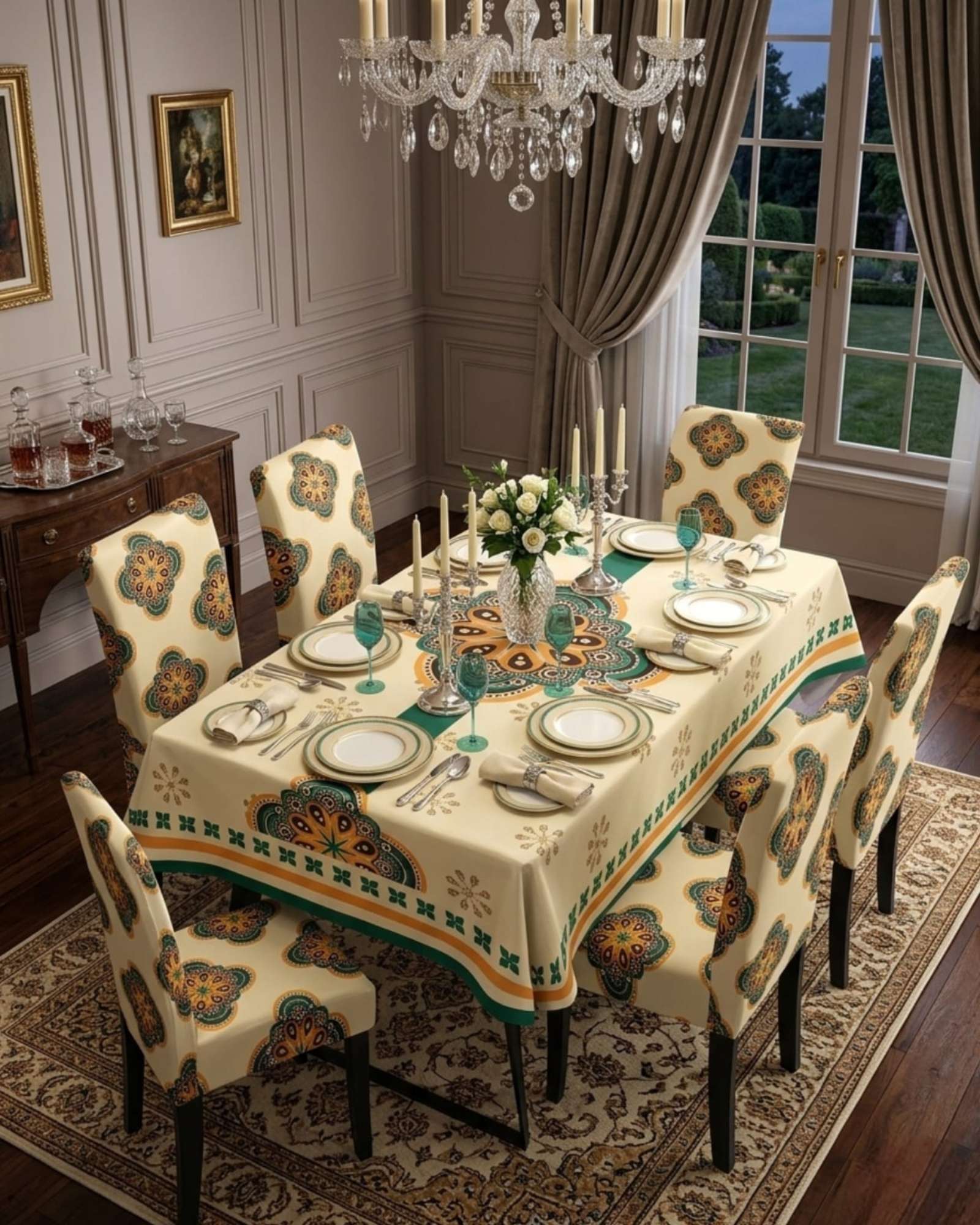 JUEGO DE MANTEL ANTIMANCHAS 140X220 + 6 FUNDAS DE SILLA - 5