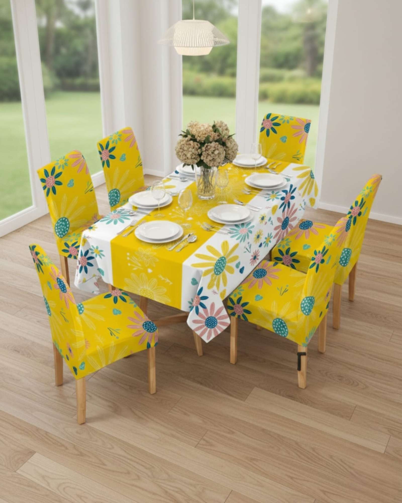 JUEGO DE MANTEL ANTIMANCHAS 140X220 + 6 FUNDAS DE SILLA - 1