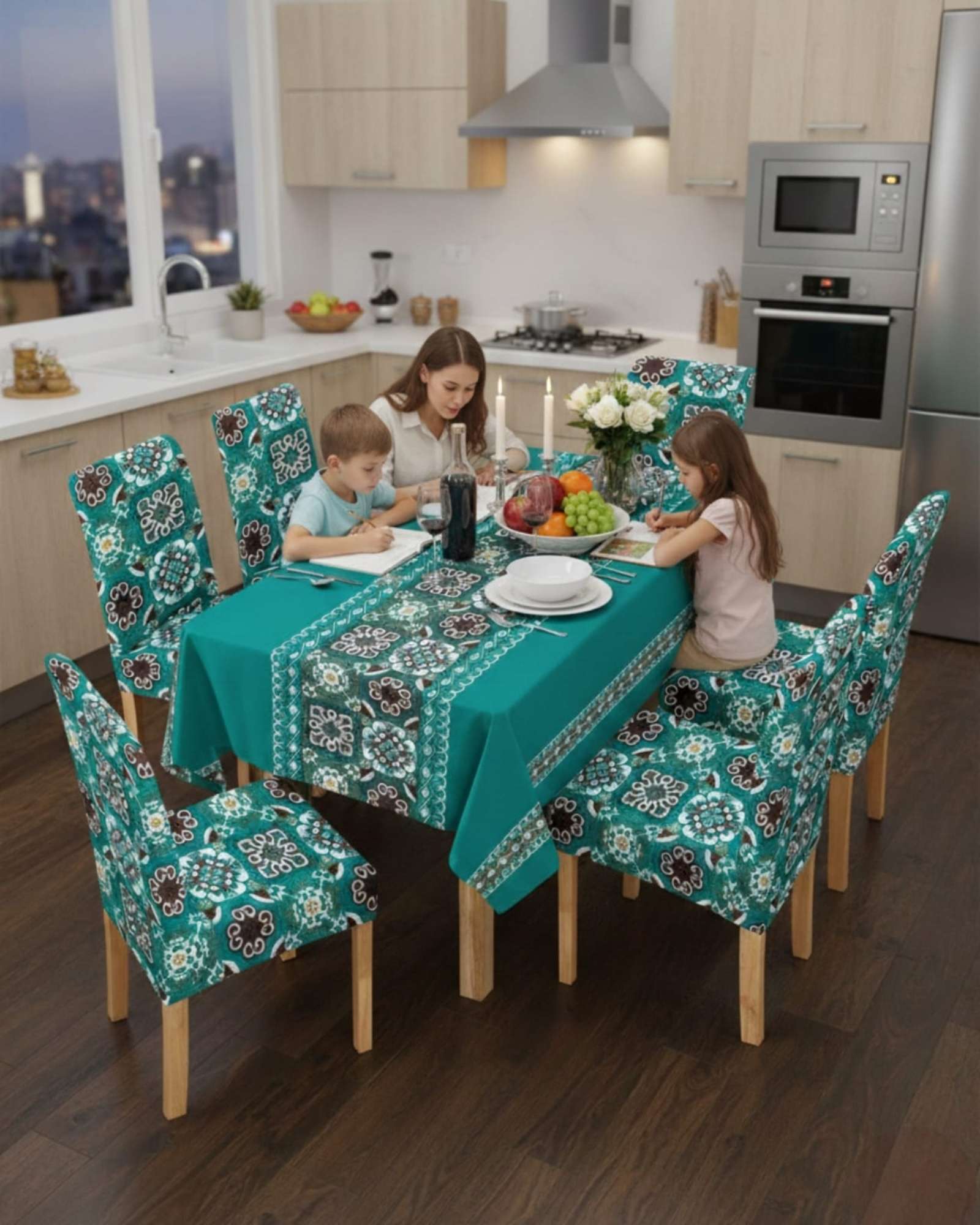 JUEGO DE MANTEL ANTIMANCHAS 140X220 + 6 FUNDAS DE SILLA - 4