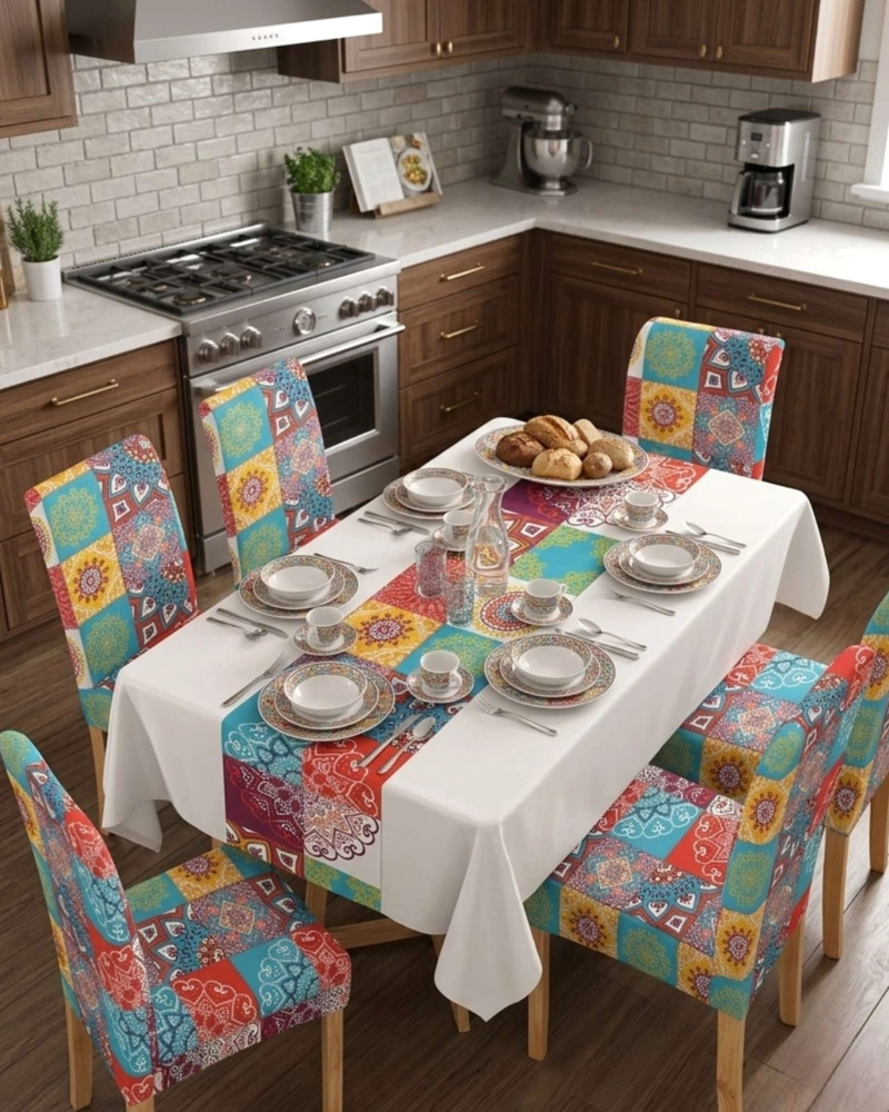 JUEGO DE MANTEL ANTIMANCHAS 140X220 + 6 FUNDAS DE SILLA - 1