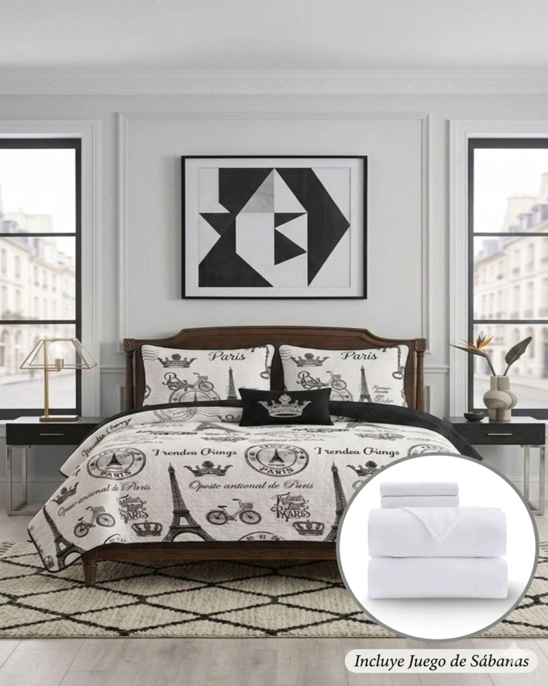 PACK PLAZA Y MEDIA QUILT DE VERANO TORRE EIFFEL + SABANAS BLANCAS - 2