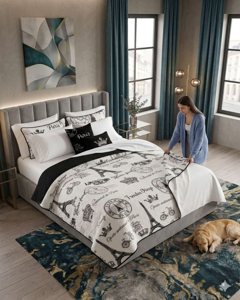 PACK PLAZA Y MEDIA QUILT DE VERANO TORRE EIFFEL + SABANAS BLANCAS - 5