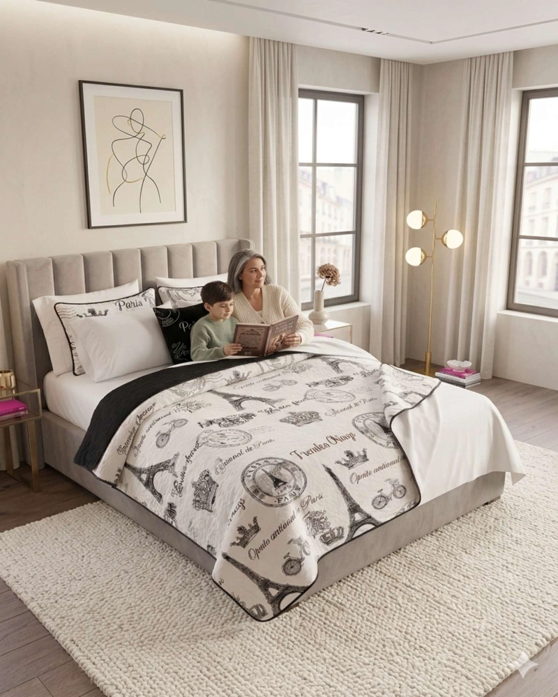 PACK PLAZA Y MEDIA QUILT DE VERANO TORRE EIFFEL + SABANAS BLANCAS - 6