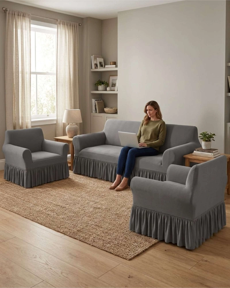JUEGO DE FUNDAS DE SOFA ELASTICAS 3+1+1 CON FALDA BURDEO - 4