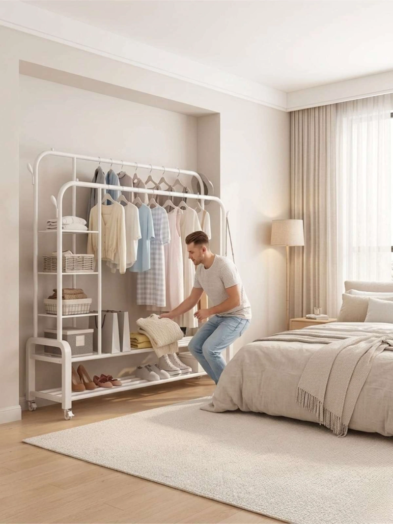 PERCHERO ORGANIZADOR DOBLE CON ESTANTES Y RUEDAS MULTIFUNCIONAL - 7
