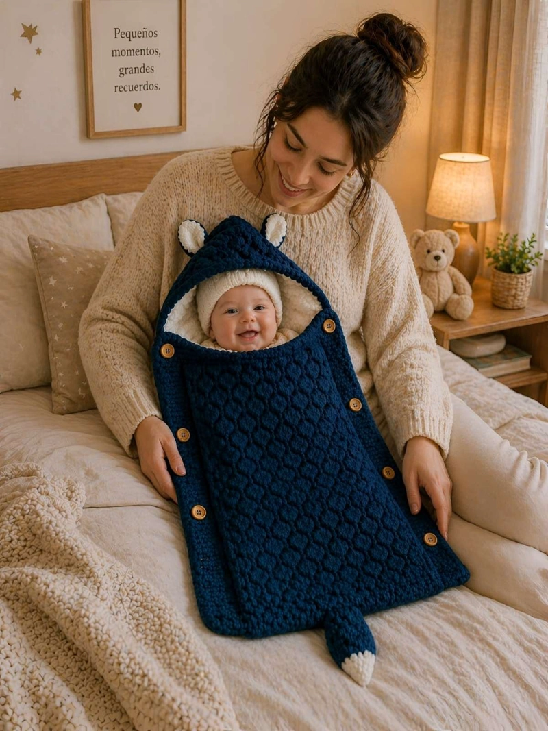 SACO DE DORMIR PARA BEBE CON CAPOTA Y FORRO CALIDO TEJIDO - 1