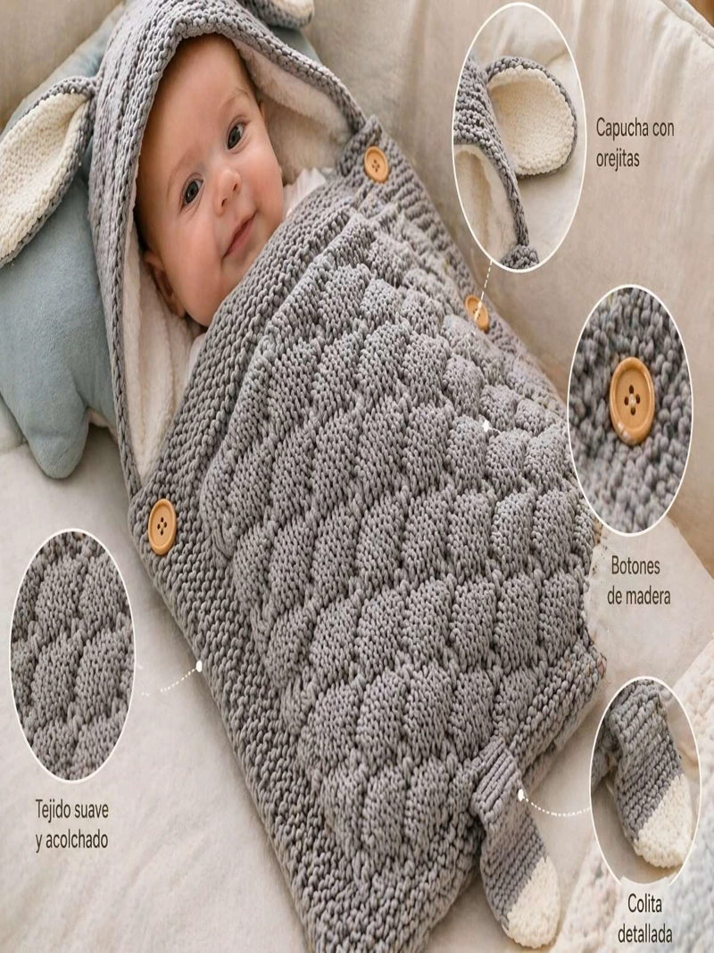 SACO DE DORMIR PARA BEBE CON CAPOTA Y FORRO CALIDO TEJIDO - 4