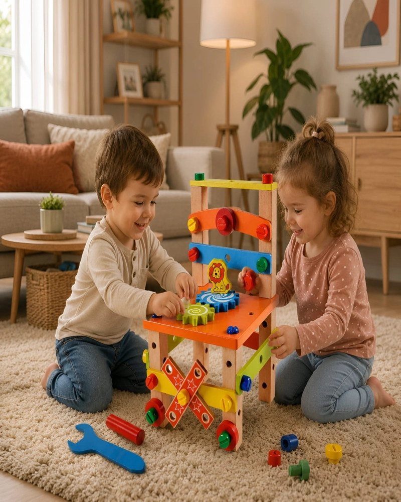 SILLA DE ACTIVIDADES Y BANCO DE HERRAMIENTAS DE MADERA MONTESSORI 2 EN 1 - 1