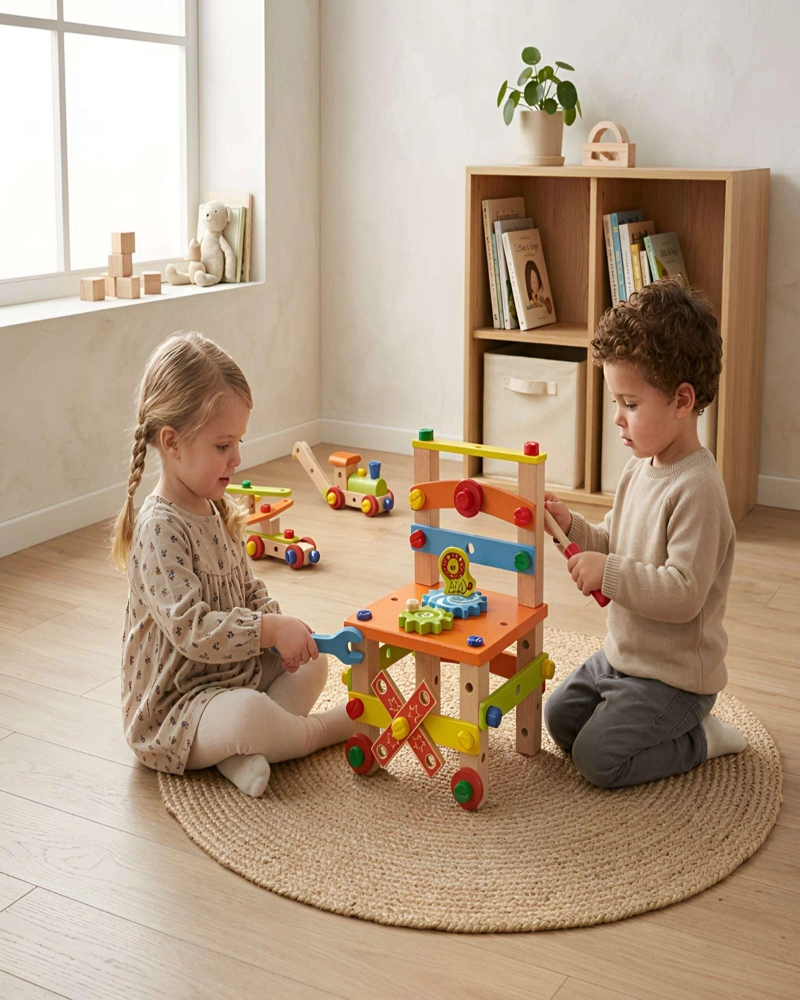 SILLA DE ACTIVIDADES Y BANCO DE HERRAMIENTAS DE MADERA MONTESSORI 2 EN 1 - 3