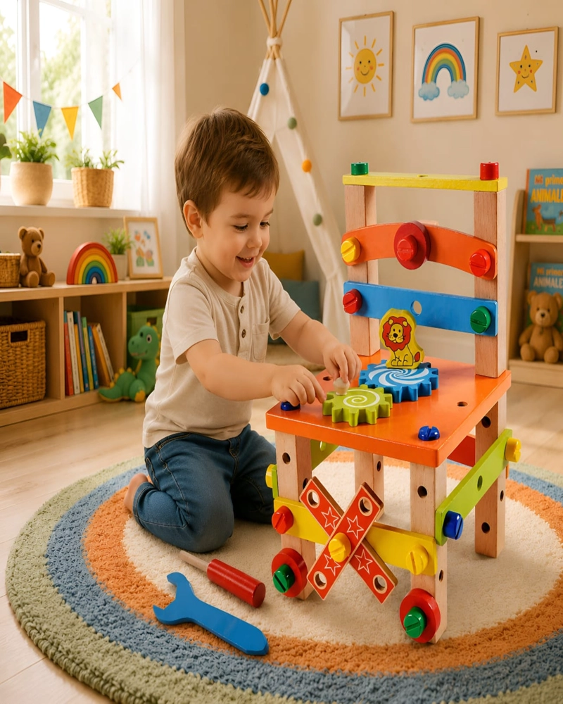 SILLA DE ACTIVIDADES Y BANCO DE HERRAMIENTAS DE MADERA MONTESSORI 2 EN 1 - 4