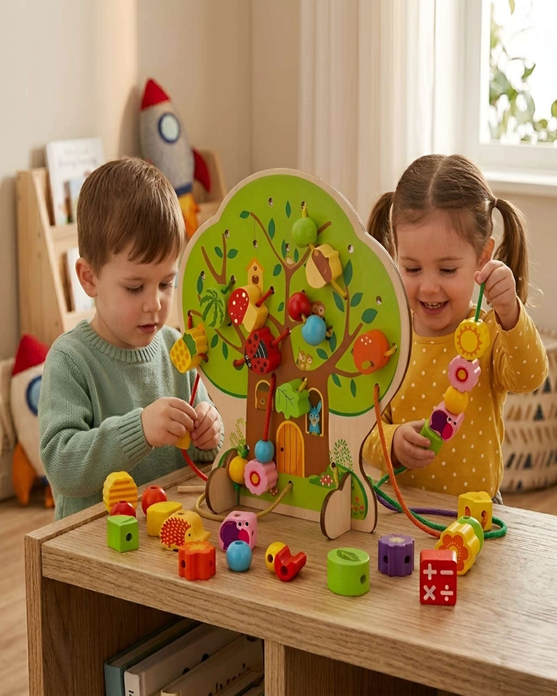 JUEGO DE ENHEBRADO DE MADERA ARBOL MONTESSORI CON PIEZAS DE FRUTAS Y ANIMALES - 4