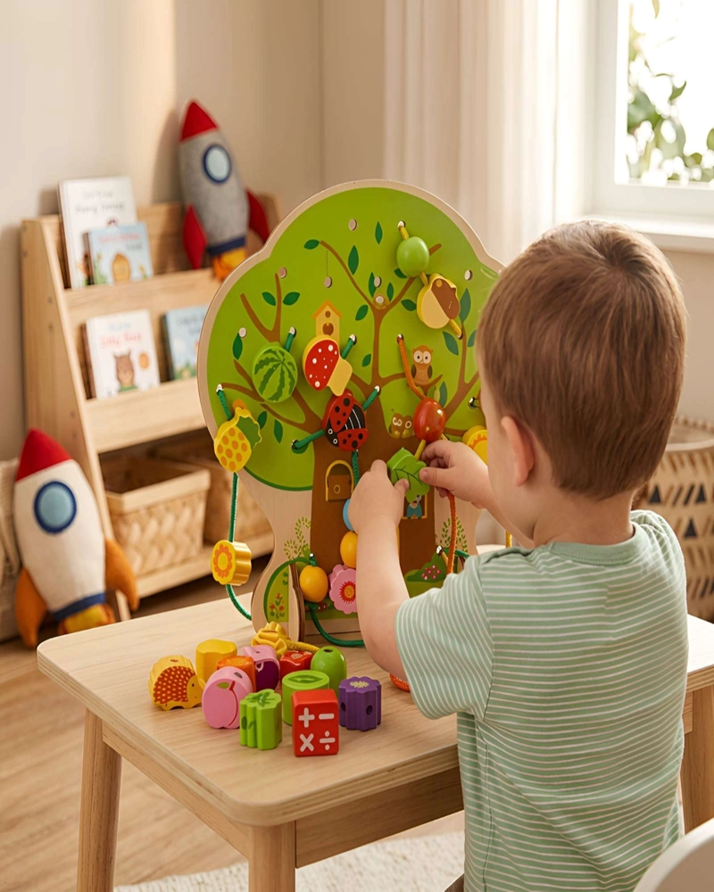 JUEGO DE ENHEBRADO DE MADERA ARBOL MONTESSORI CON PIEZAS DE FRUTAS Y ANIMALES - 5