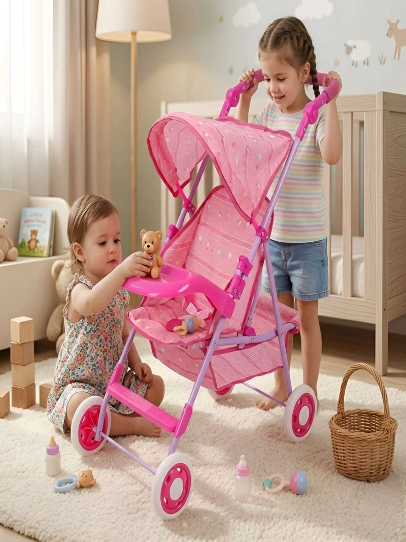 COCHE DE JUGUETE PARA MUÑECAS CON TOLDO PLEGABLE Y BANDEJA ROSADO DISEÑO LINEAL - 1