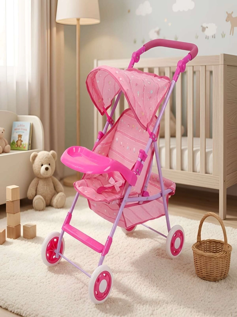 COCHE DE JUGUETE PARA MUÑECAS CON TOLDO PLEGABLE Y BANDEJA ROSADO DISEÑO LINEAL - 6