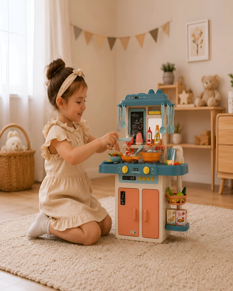 COCINA DE JUGUETE INFANTIL 55 PIEZAS CON LUZ SONIDO Y AGUA 63 CM AZUL - 1