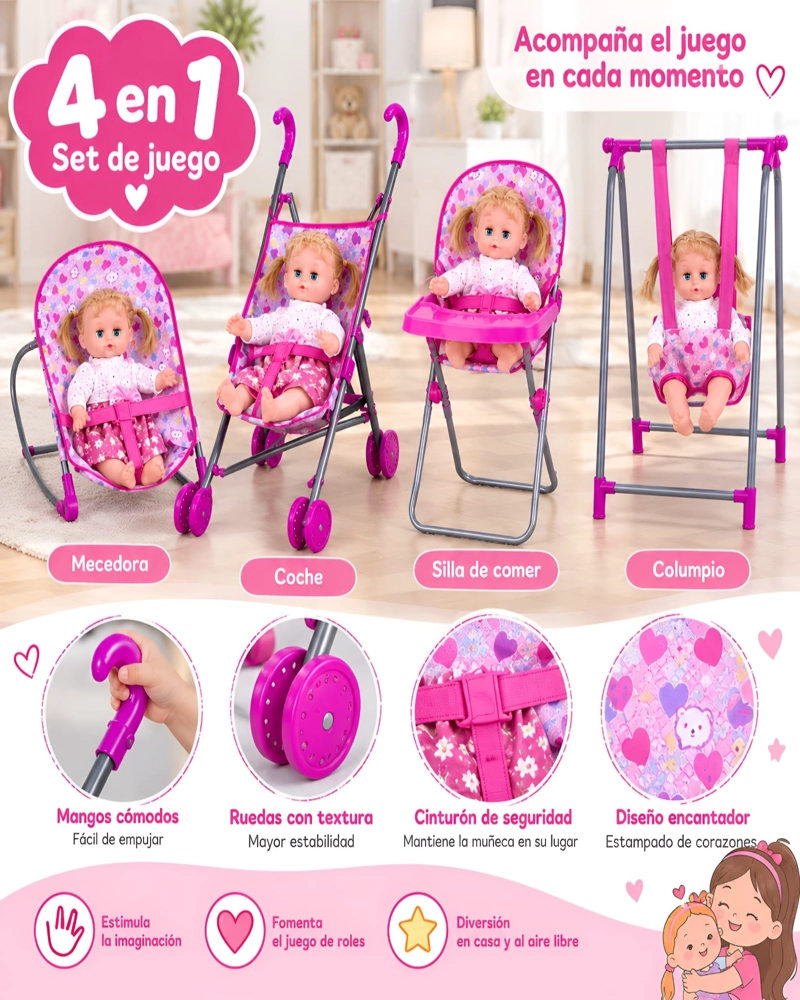 Set de Juego 4 en 1 para Muñecas Coche, Silla de Comer, Columpio y Mecedora - 6