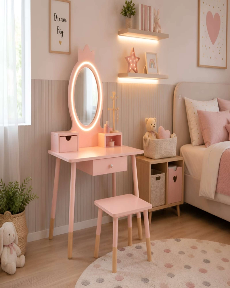 TOCADOR INFANTIL CON ESPEJO LED, CAJONES Y TABURETE - ROSA NORDICO - 1