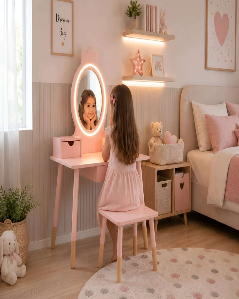 TOCADOR INFANTIL CON ESPEJO LED, CAJONES Y TABURETE - ROSA NORDICO - 2