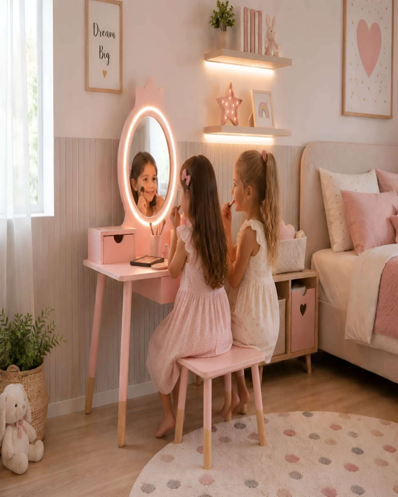 TOCADOR INFANTIL CON ESPEJO LED, CAJONES Y TABURETE - ROSA NORDICO - 3
