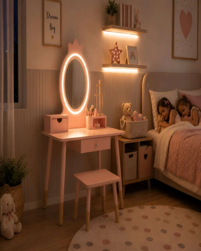 TOCADOR INFANTIL CON ESPEJO LED, CAJONES Y TABURETE - ROSA NORDICO - 4