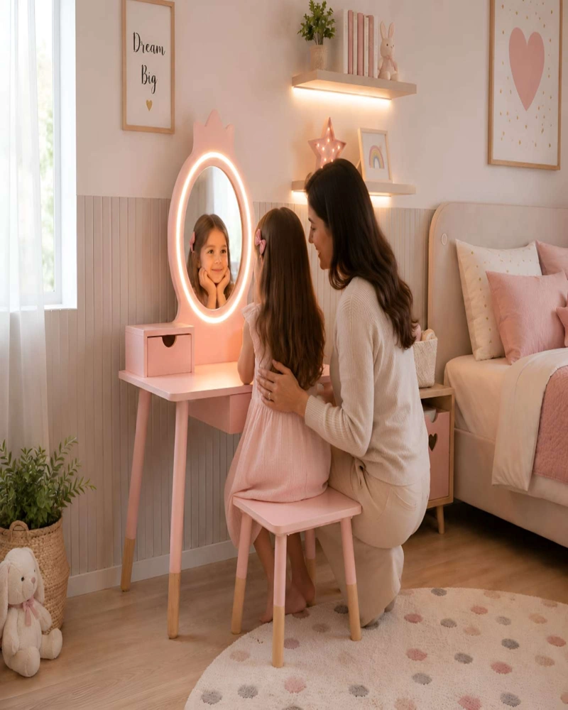 TOCADOR INFANTIL CON ESPEJO LED, CAJONES Y TABURETE - ROSA NORDICO - 5