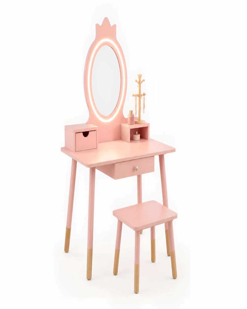 TOCADOR INFANTIL CON ESPEJO LED, CAJONES Y TABURETE - ROSA NORDICO - 6