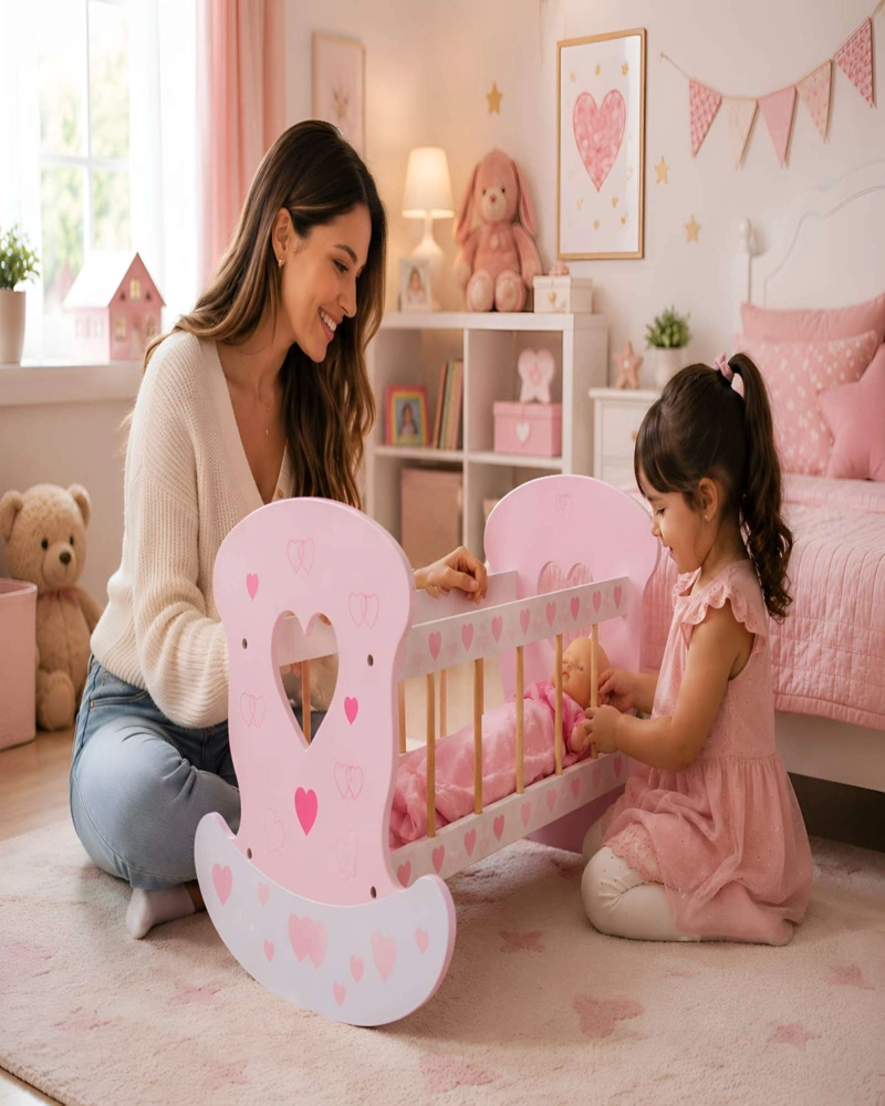 CUNA MECEDORA DE MADERA PARA MUÑECAS - DISEÑO CORAZONES ROSA - 1