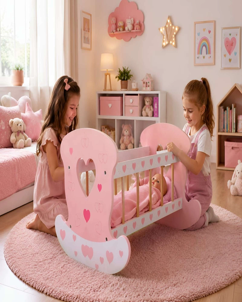 CUNA MECEDORA DE MADERA PARA MUÑECAS - DISEÑO CORAZONES ROSA - 2