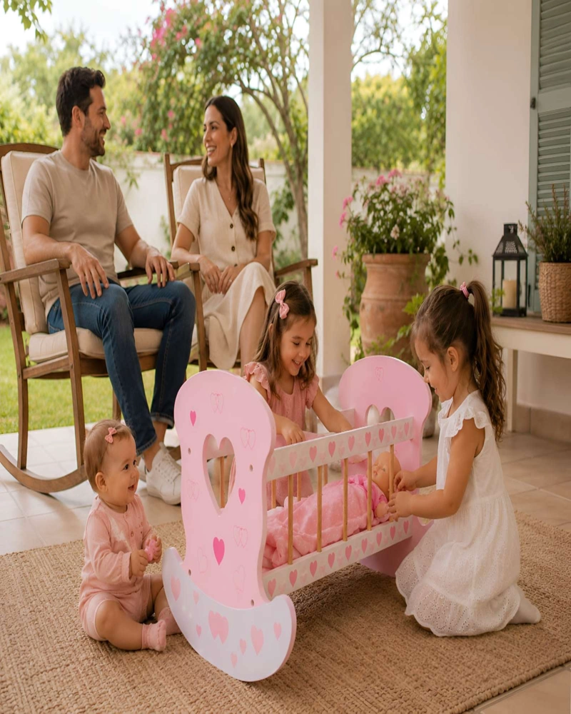 CUNA MECEDORA DE MADERA PARA MUÑECAS - DISEÑO CORAZONES ROSA - 3