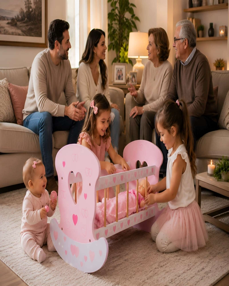 CUNA MECEDORA DE MADERA PARA MUÑECAS - DISEÑO CORAZONES ROSA - 4