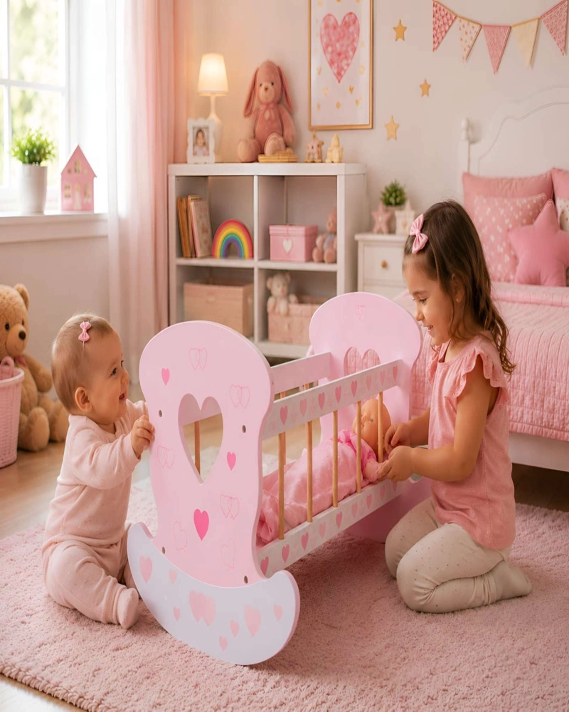 CUNA MECEDORA DE MADERA PARA MUÑECAS - DISEÑO CORAZONES ROSA - 5
