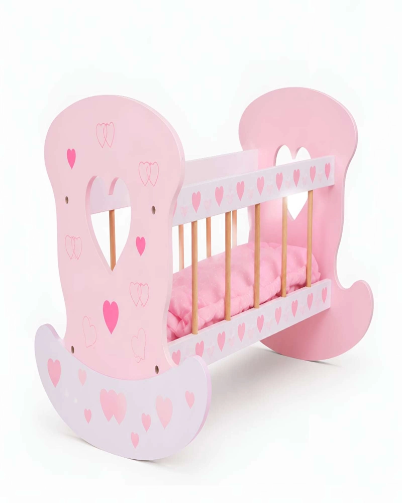 CUNA MECEDORA DE MADERA PARA MUÑECAS - DISEÑO CORAZONES ROSA - 6