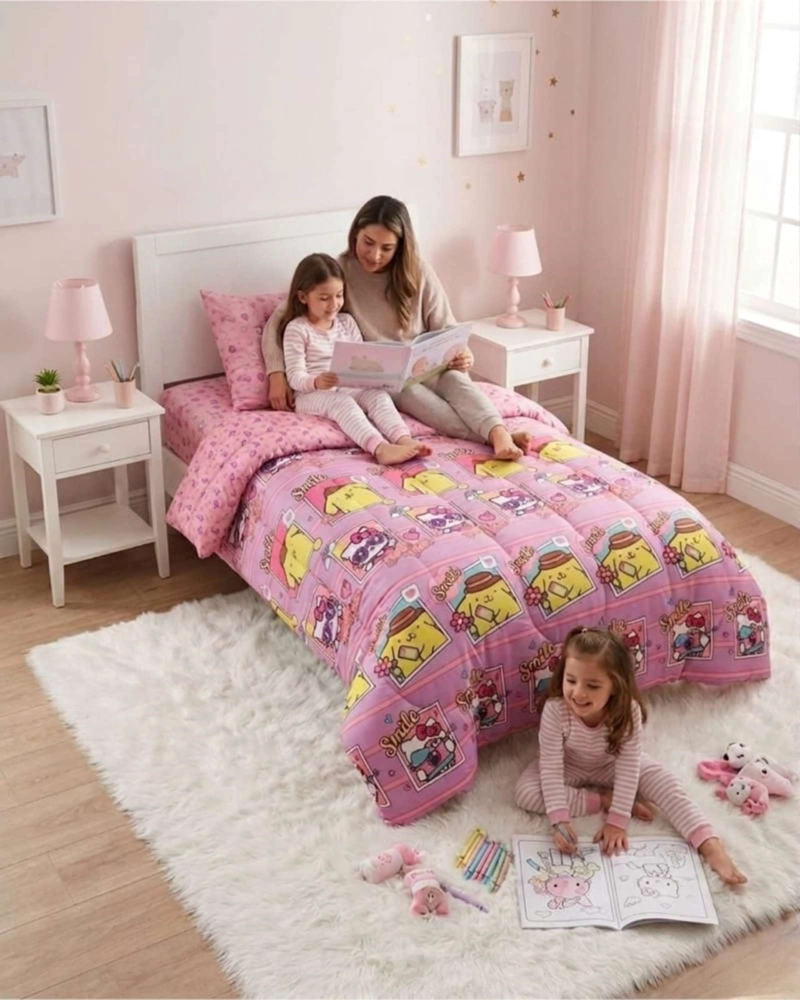 CUBRECAMA INFANTIL ROSADO CON FUNDA DISEÑO FLORES Y GRAFICOS - 6